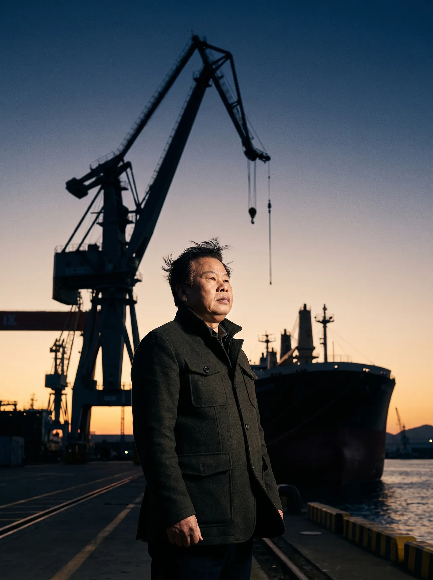 Jung Hong Jun at the shipyard quay at dusk, cranes and a hull behind him