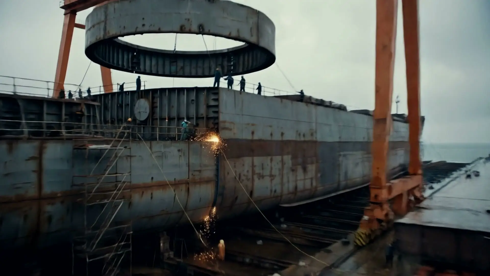 A goliath crane lowers a hull ring block at the on-land shipyard